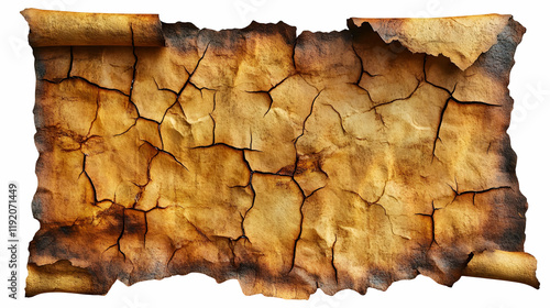 Cracked, burnt parchment scroll, isolated, texture, background