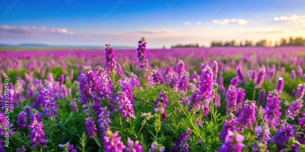 Naklejka premium Field of blooming Mongolian milkvetch with vibrant purple flowers and lush green leaves, Mongolian milkvetch