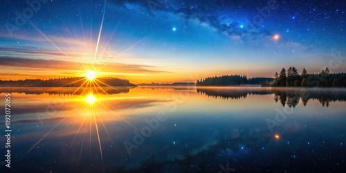 Sunrise and stars reflecting on calm lake surface, sunrise, stars, reflecting, calm, lake, surface, water, peaceful, nature, tranquil