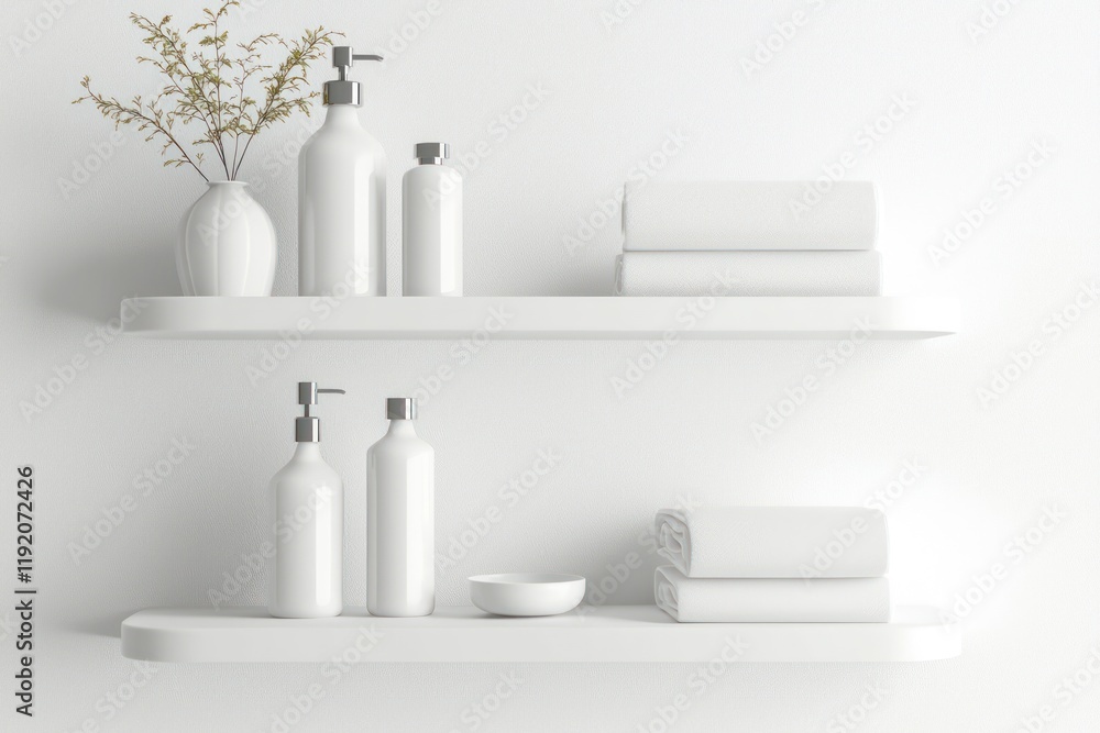 Elegant 3D design of white shelves with soft lighting for a clean product display. Elegant 3D design of white shelves with soft lighting for a clean product display.