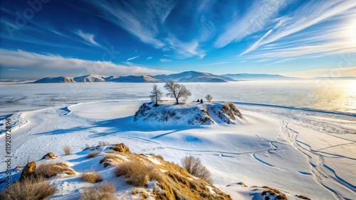 Snow-covered landscape on Olkhon Island on a sunny winter day, Olkhon Island, winter, sunny, snow, nature, landscape, travel