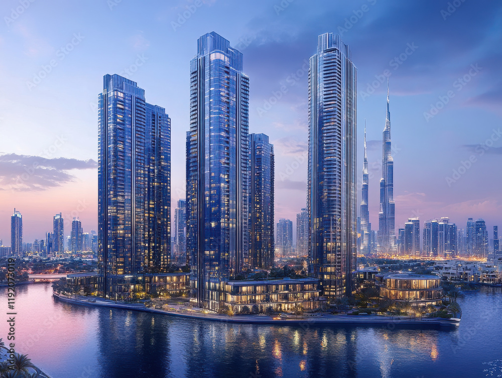 Fototapeta premium Stunning skyline view of modern skyscrapers at twilight.