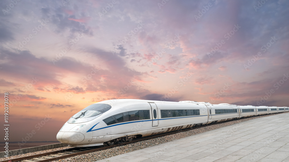 Modern High-Speed Train Stationed Under a Beautiful Sunset Sky Modern High-Speed Train Stationed Under a Beautiful Sunset Sky