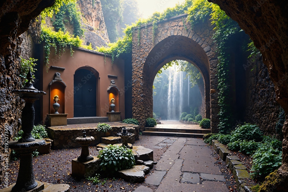 Fototapeta premium A Serene And Mystical Garden Scene Featuring A Stone Archway With Lush Greenery Surrounded By Statues Of Buddha And Other Religious Figures Creating A Peaceful Atmosphere