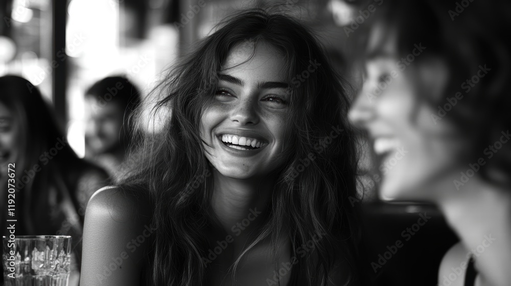 Obraz premium A long-haired woman is laughing with her friends in a coffee shop, surrounded by a cheerful atmosphere.