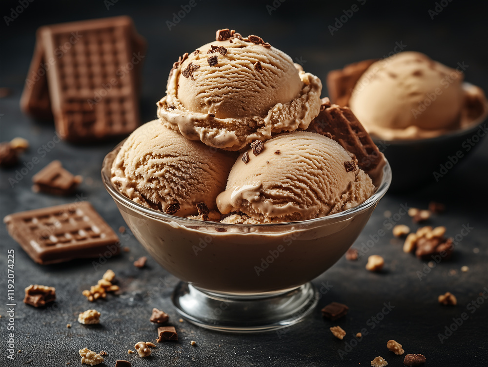 Food photography: scoops of chocolate ice cream.