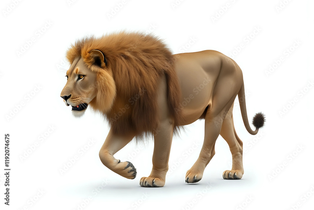 Obraz premium Side view of a Lion walking, looking at the camera, isolated on white