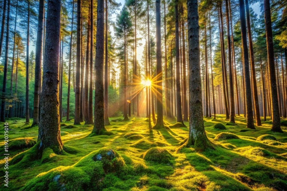Obraz premium Scandinavian forest bathed in sun; moss-draped pines create a magical, dappled light.