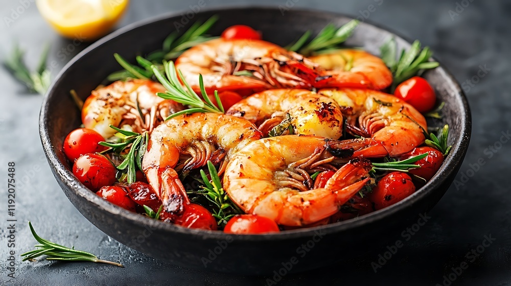 Grilled shrimp, cherry tomatoes, rosemary. Mediterranean cuisine. Food photography for recipe blogs, cookbooks, restaurant menus Grilled shrimp, cherry tomatoes, rosemary. Mediterranean cuisine. Food photography for recipe blogs, cookbooks, restaurant menus