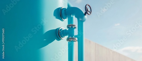 Industrial Chic Water Infrastructure Urban Treatment Facility with Contrasting Blue Pipes and Filtration Tanks - Sustainable Urban Architecture and Resource Efficiency Solutions photo