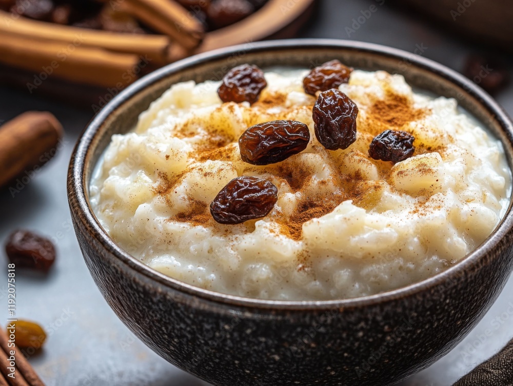 A bowl of rice pudding with cinnamon and raisins. Featuring creamy texture and sweet flavor. Highlighting a classic and comforting dessert. Ideal for dessert recipes and comfort food blogs. A bowl of rice pudding with cinnamon and raisins. Featuring creamy texture and sweet flavor. Highlighting a classic and comforting dessert. Ideal for dessert recipes and comfort food blogs.