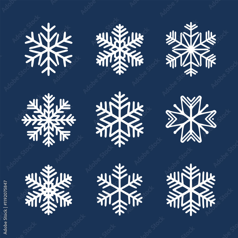Fototapeta premium Intricate Snowflake Set: Symmetrical Winter Designs on Blue Background