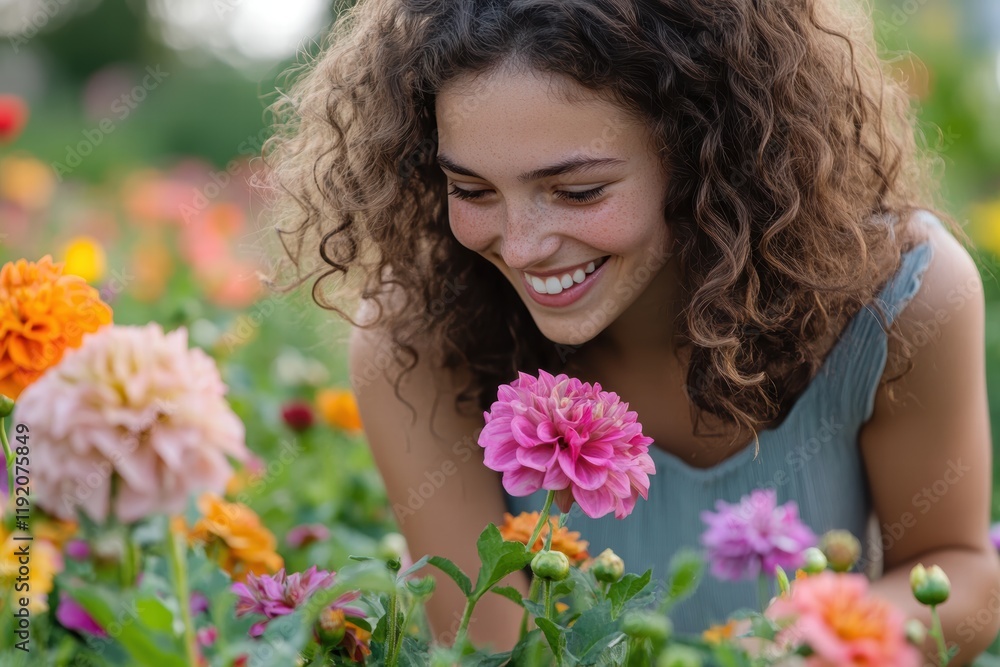 Young woman with curly hair, smiling as she picks flowers from a garden, with vibrant blooms around her. Young woman with curly hair, smiling as she picks flowers from a garden, with vibrant blooms around her.