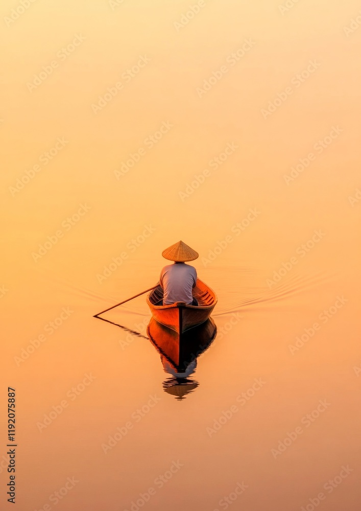 Obraz premium Eco-Conscious Fishing Traditional Asian Fisherman in Sunrise Reflections on Wooden Boat - Sustainable Seafood and Ocean Conservation Branding