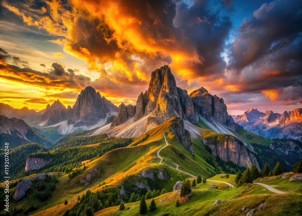 Spectacular Dolomites sunset: Campagnaccia peak, Alta Via Bepi Zac, Veneto, Italy, viewed from a drone. Spectacular Dolomites sunset: Campagnaccia peak, Alta Via Bepi Zac, Veneto, Italy, viewed from a drone.