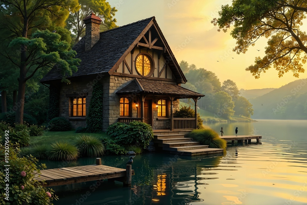  A Serene Lake House With A Dock And Lush Greenery In The Background