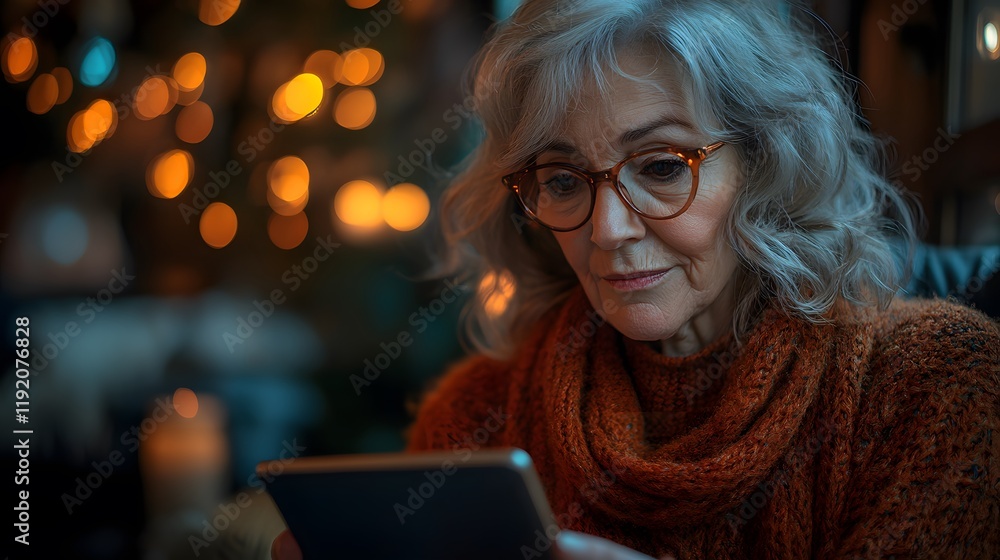 Senior woman using a smart tablet with AI-powered companion features in a cozy home setting Senior woman using a smart tablet with AI-powered companion features in a cozy home setting