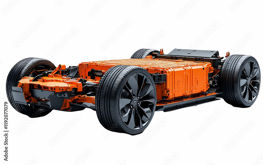 Orange EV chassis, studio shot, battery, wheels Orange EV chassis, studio shot, battery, wheels