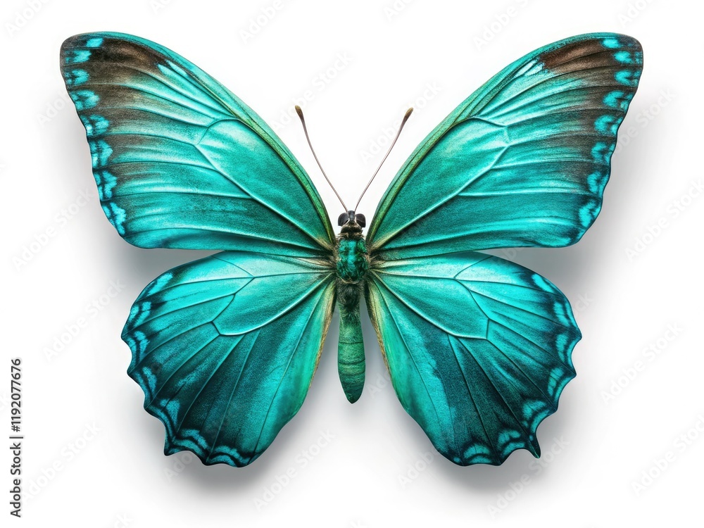 Fototapeta premium Stunning turquoise butterfly aerial shot, isolated, high-resolution image, white background, clipping path included.