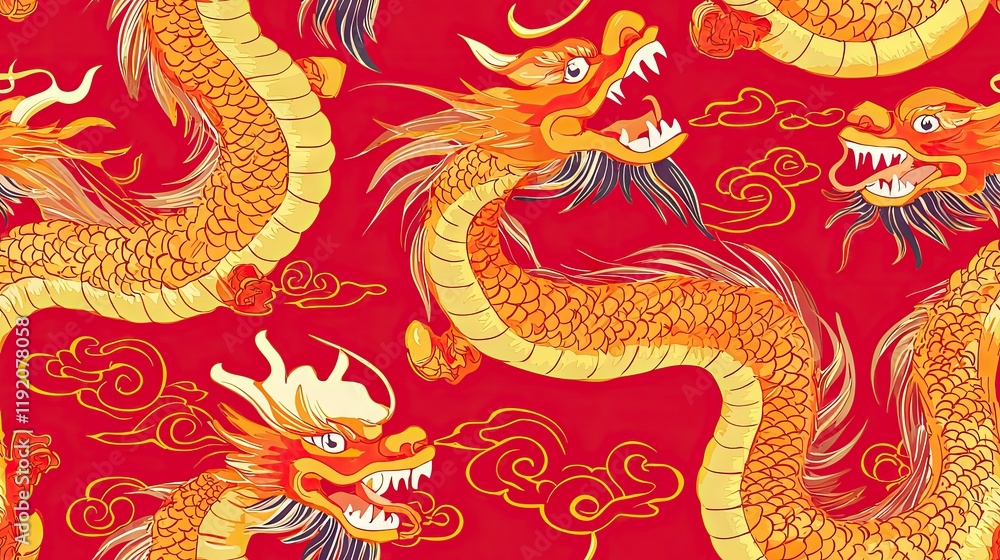 Golden dragons swirling amidst clouds on red background; Asian art design Golden dragons swirling amidst clouds on red background; Asian art design