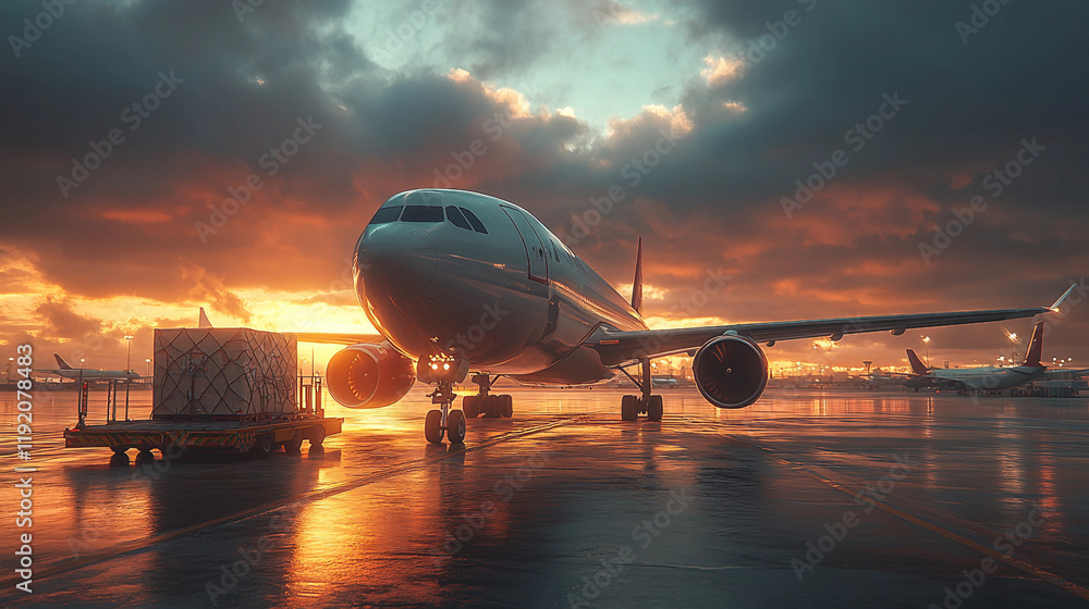 One loading cargo plane in an air freight logistics. Large shipping box, prominently positioned near the loading area as prepared for delivery One loading cargo plane in an air freight logistics. Large shipping box, prominently positioned near the loading area as prepared for delivery