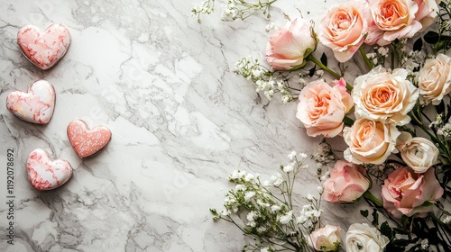 Wallpaper Mural Peach roses and heart cookies on marble. Romantic background for Valentine's Day Torontodigital.ca