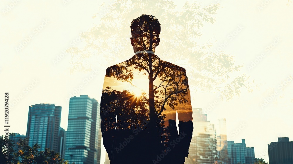 Man in Suit Overlooking Cityscape with Nature and Sunset, Symbolizing Environmental Awareness, Urban Life, and Harmonious Coexistence with Nature Man in Suit Overlooking Cityscape with Nature and Sunset, Symbolizing Environmental Awareness, Urban Life, and Harmonious Coexistence with Nature