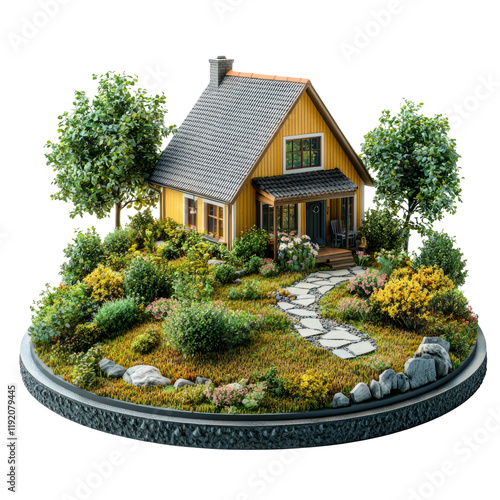 Realistic Miniature House Model Surrounded by Lush Greenery and Decorative Plants on Transparent Background