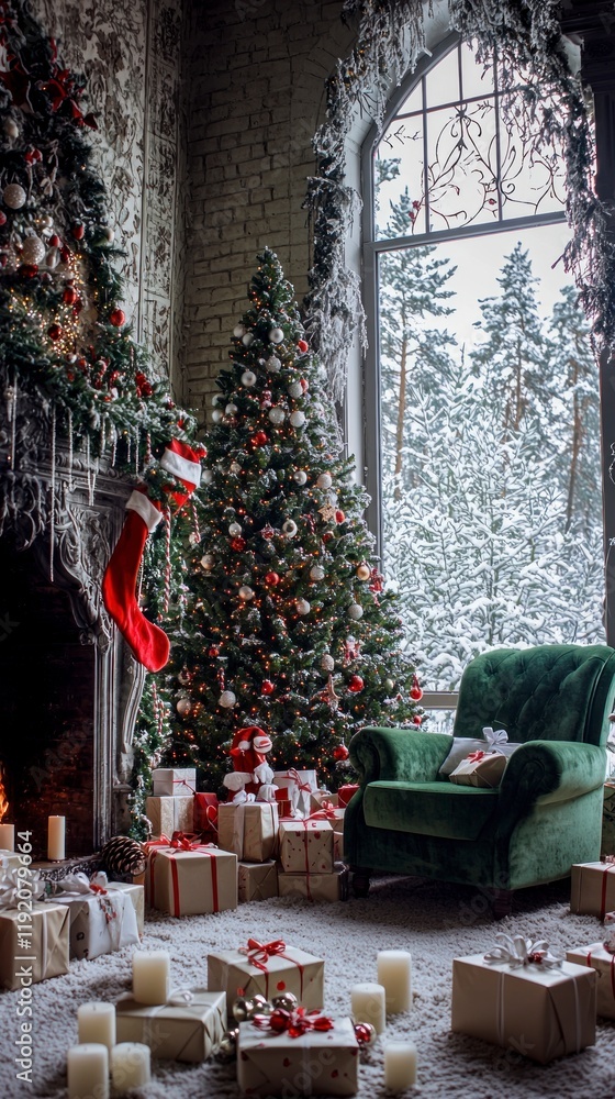 Obraz premium Cozy Christmas Living Room Fireplace Tree Gifts Snow Scene