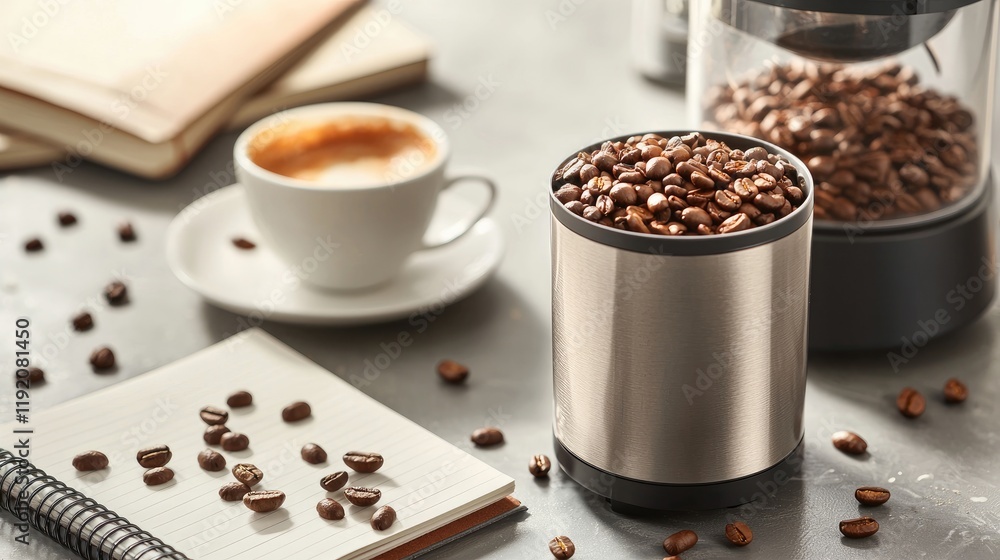 Freshly Roasted Coffee Beans and Coffee Cup on a Table with Notepad and Grinder, Perfect for Coffee Lovers and Kitchen Decor Freshly Roasted Coffee Beans and Coffee Cup on a Table with Notepad and Grinder, Perfect for Coffee Lovers and Kitchen Decor