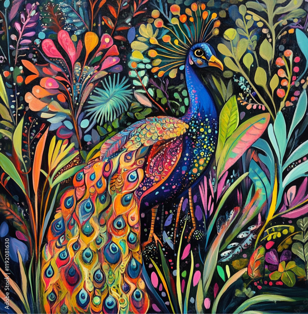 Obraz premium a colorful abstract peacock surrounded by plants