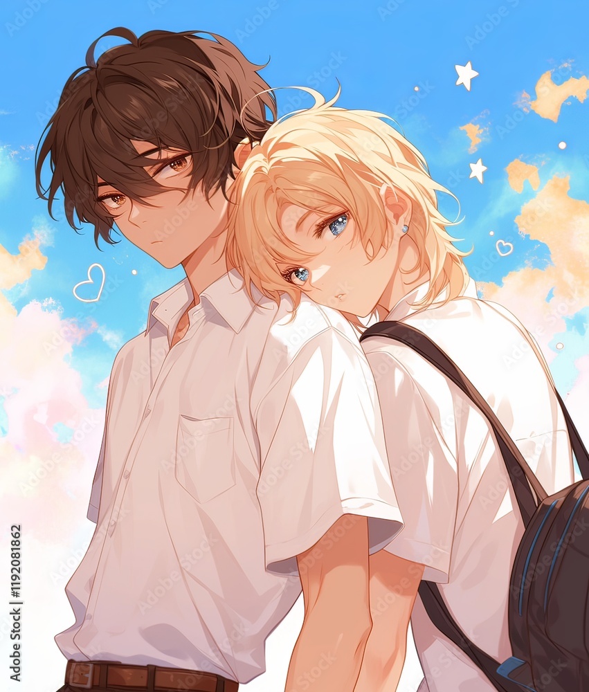 two male characters in white shirts, one with black hair and the other with blonde hair, standing side by side. two male characters in white shirts, one with black hair and the other with blonde hair, standing side by side.