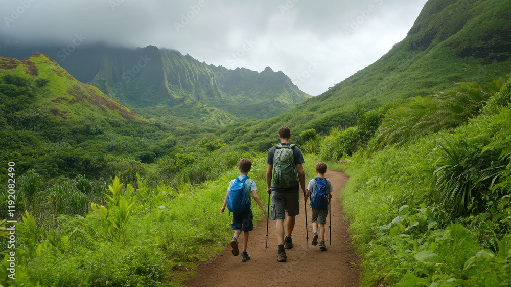 Obraz premium family hiking on scenic mountain trail surrounded by lush greenery, enjoying nature beauty together