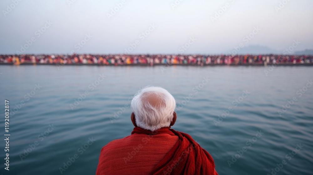 Fototapeta premium Devotees Gather on Ganges River Banks Devotees in Traditional Attire in Sunrise Gathering