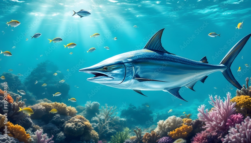 Fototapeta premium Underwater Serenity: A Majestic Fish Swimming Through a Vibrant Coral Reef Scene