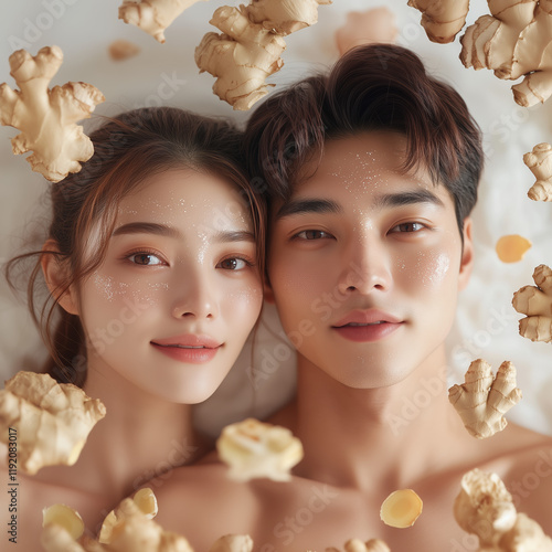 Wellness-inspired image of couple models with glowing skin and Ginger extracts on a clean soft background photo