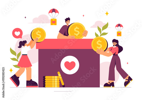 Fundraiser Vector Illustration featuring a Heart to Symbolize Support and Humanitarian Assistance, with Themes of Charity, Donation and Helping Others