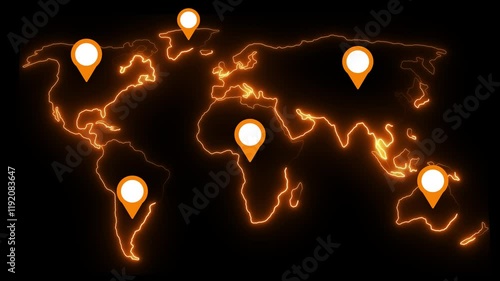 travel plan, neon world map, marking of positions on the map with PIN marks, trip around the world