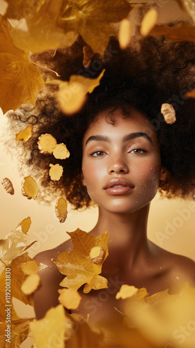 Healthy glowing skin model on clean soft background with floating Ginger extracts for beauty and wellness photo