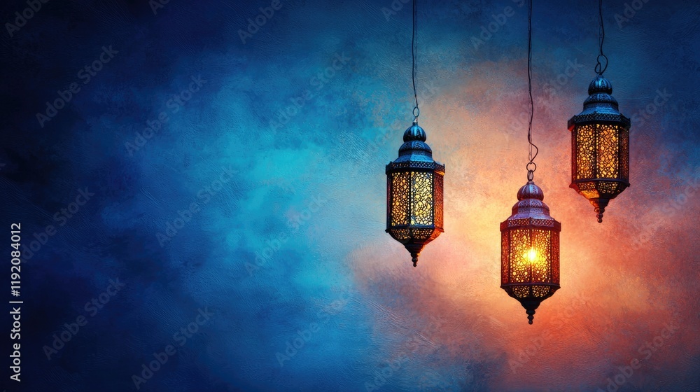 Fototapeta premium Festive lanterns glowing, night sky background, Ramadan celebration, greeting card design