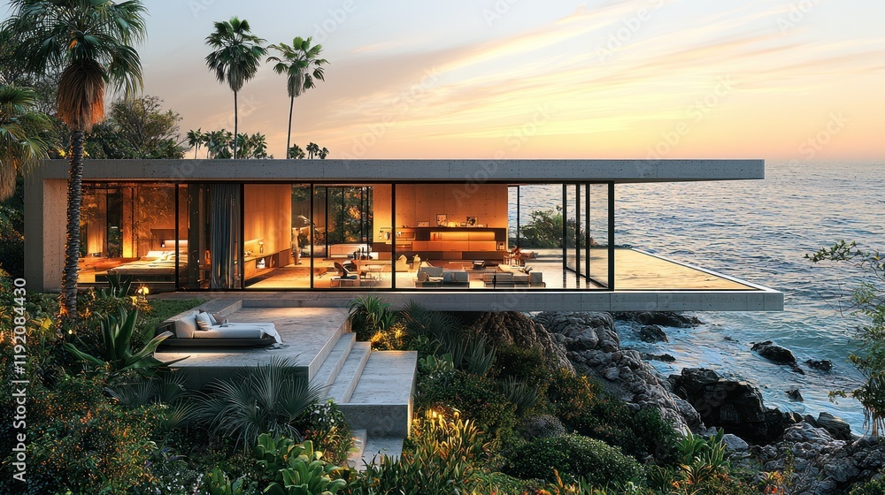 Fototapeta premium Modern coastal house at sunset by the ocean.