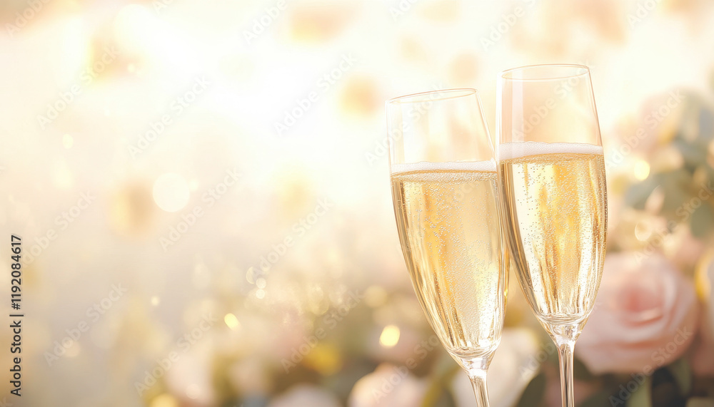 Champagne glasses clinking in celebration, sparkling bubbles and soft light create joyful atmosphere Champagne glasses clinking in celebration, sparkling bubbles and soft light create joyful atmosphere