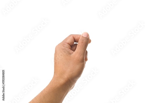 Male hand making a gesture of holding a card or business card. Some types of documents ID card Or a passport, coin, or something. Isolated on a white background.