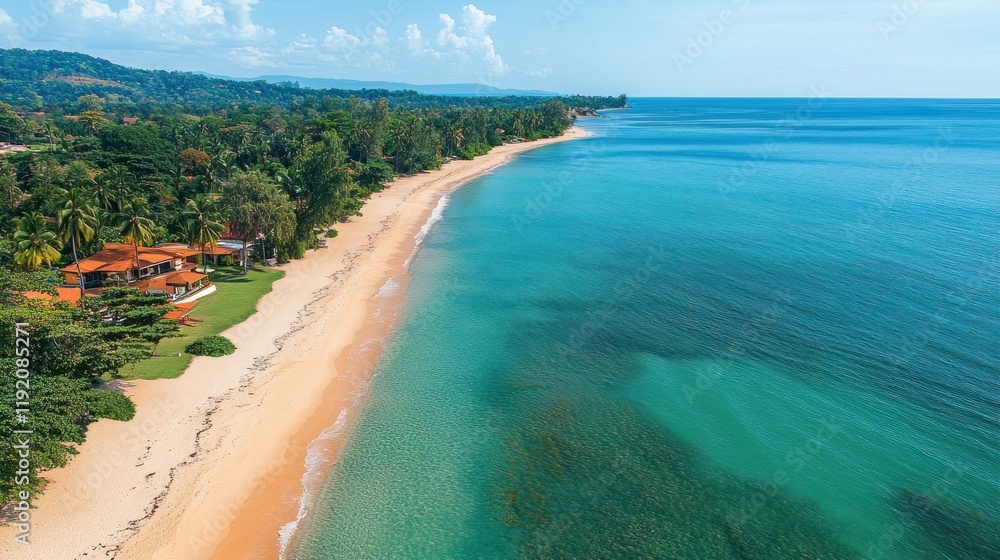 Fototapeta premium Aerial view of a tropical beach with clear turquoise water and beachfront property
