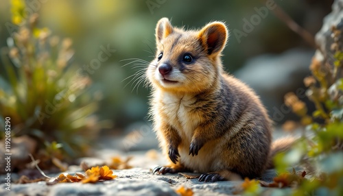 Charming Portrait of an Adorable Quokka in a Woodland Setting Surrounded by Autumn Leaves photo