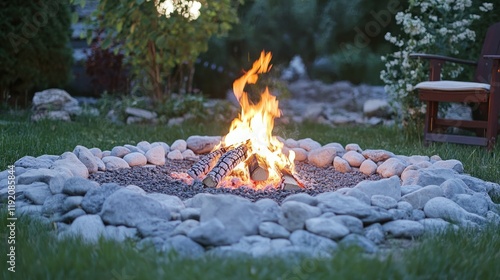 A crackling bonfire burns brightly within a stone fire pit in a lush green backyard at dusk. photo