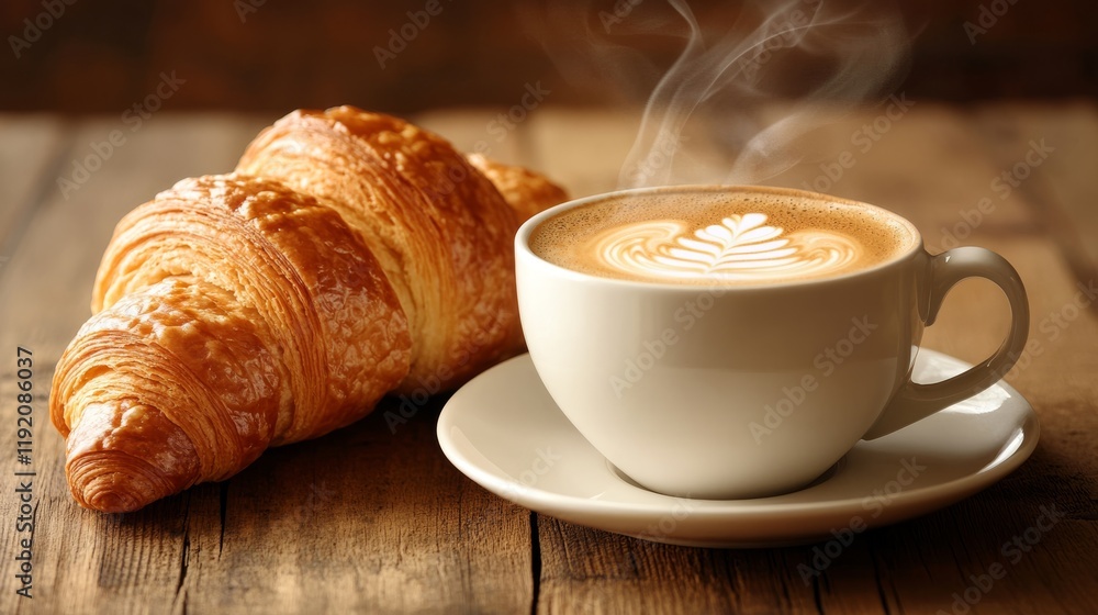 A steaming cup of coffee with latte art and a golden croissant on a rustic wooden table. A steaming cup of coffee with latte art and a golden croissant on a rustic wooden table.