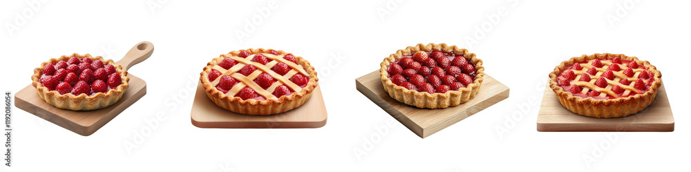 Strawberry pie on a wooden tray isolated on white background. Collection Png. Strawberry pie on a wooden tray isolated on white background. Collection Png.