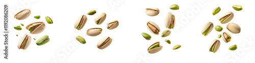 Pistachios flying through the air isolated on white background. Collection Png.