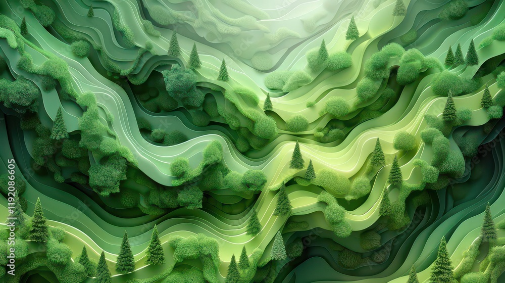 Abstract layered landscape with green hues and stylized trees. Abstract layered landscape with green hues and stylized trees.